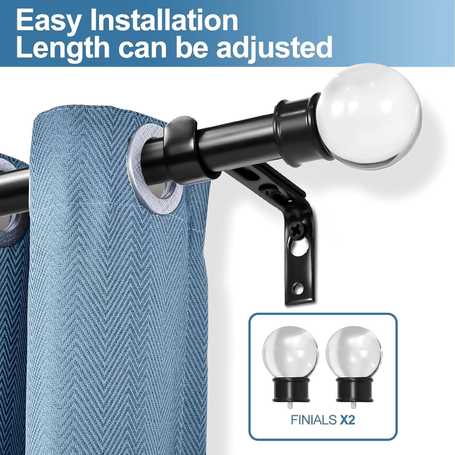 Urbanest Adjustable Single Curtain Rod Set Crystal Ball Finials – 1 -Inch Diameter, With Black Rod, 84–120 Inches