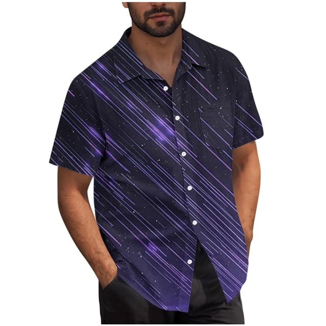 Mens Casual Manga Corta Botón Abajo Camisas Turndown Cuello Blusa de Impresión, Poliéster Ligero Top de la Moda para el Verano Al Aire Libre Y el Uso Diario