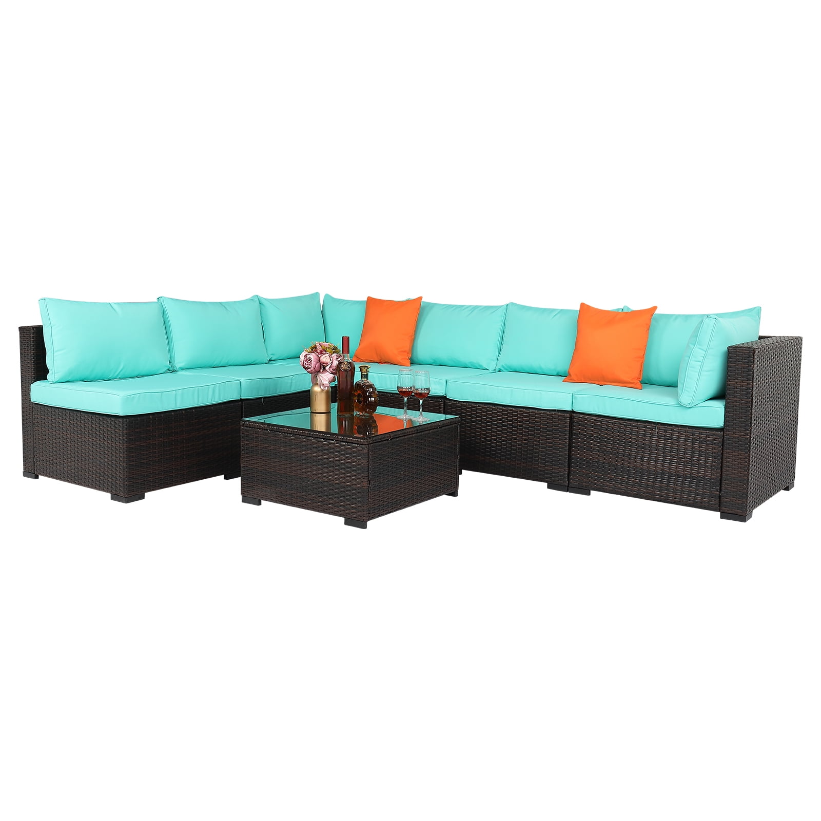 Ktaxon 7 Piece Black Rattan Sofa Set Lake Blue Cushions with Storage Table Boho Living Room Furniture