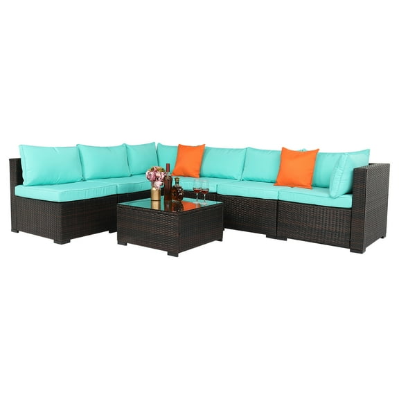 SalonMore 7PCS Rattan Wicker Patio Furniture Set Outdoor Wicker Sectional Set Patio Sectional for Garden, Outdoor Sectional Set with Lake Blue Cushion