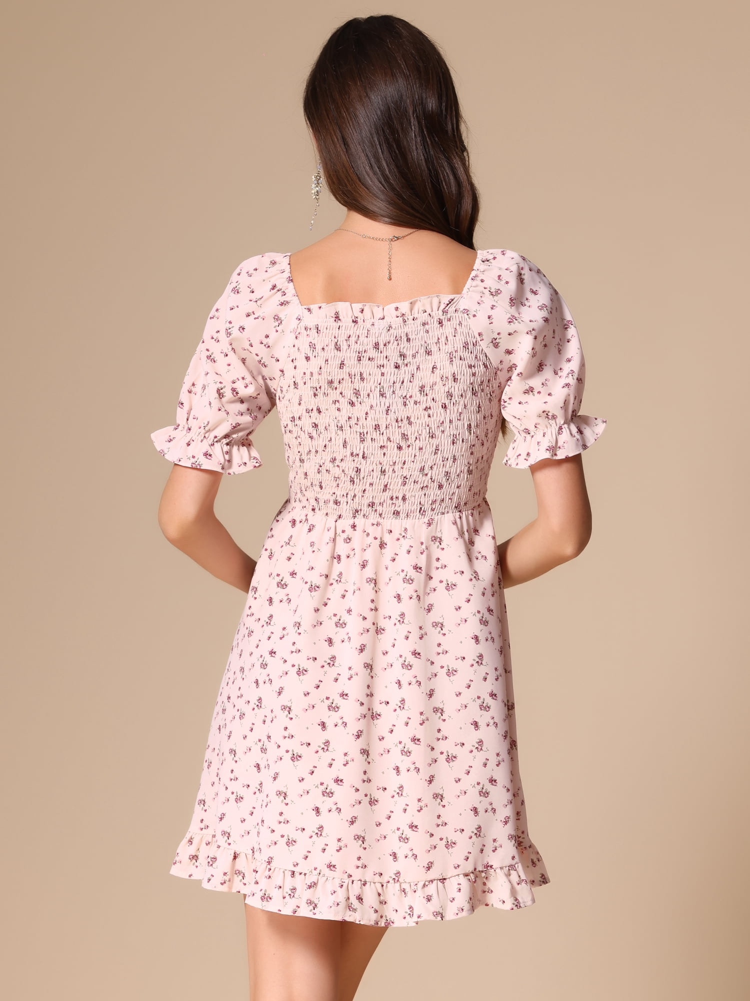 DARING DIVA Puff Sleeve Back Smocked Sweetheart Neck Ruffled Hem Dress M Light Pink