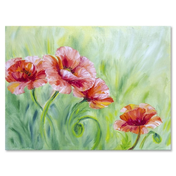 Designart ' Red Blossoming Poppies Over Wild Green II ' Traditional Canvas Wall Art Print