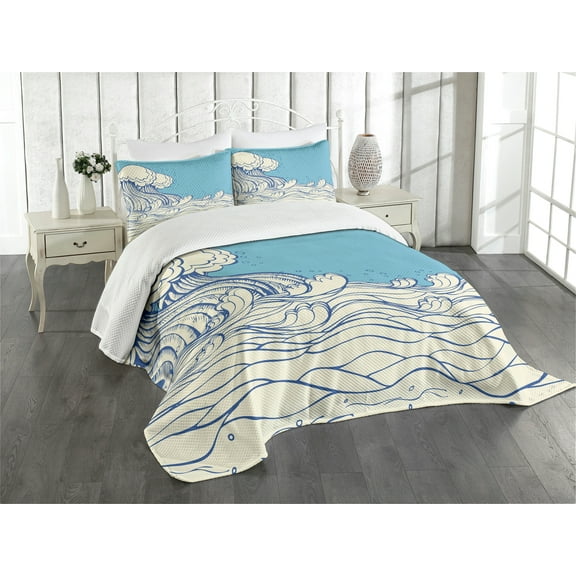 Ambesonne Nautical Quilted Bedspread Set 3 Pcs, Abstract Doodle Wave, Queen Size, Cream Blue