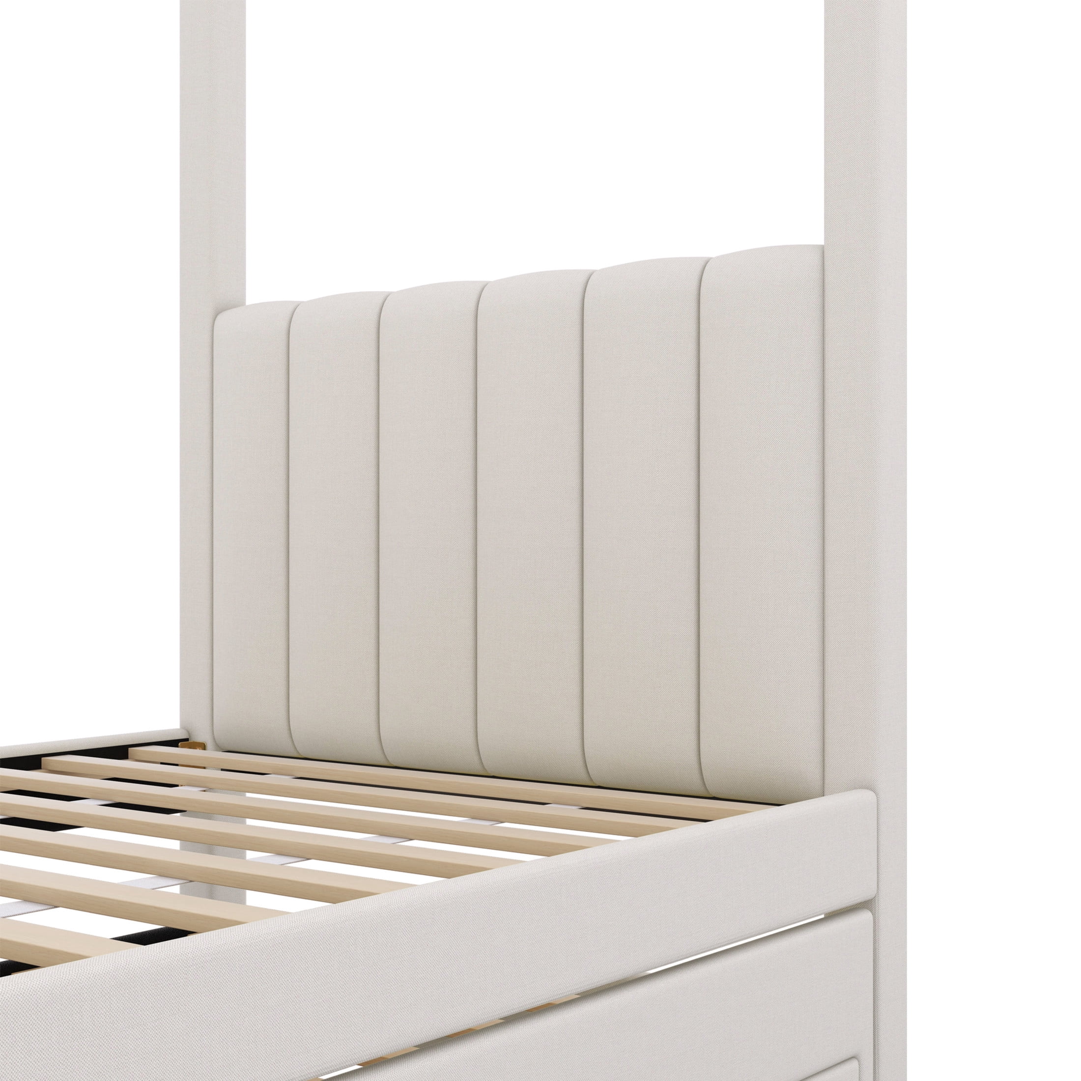 Noble House Twin Canopy Platform Bed, Linen Upholstered Frame with Trundle and Storage Drawers, Beige