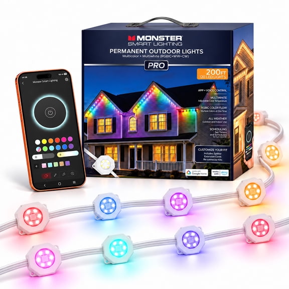 Monster Permanent Outdoor Lights 2027 Pro, 200ft RGBIC Smart LED Eaves Lights, Cut-to-Fit Spliceable Cable, Corner & Y Connectors Included, App & Voice Control, Weatherproof