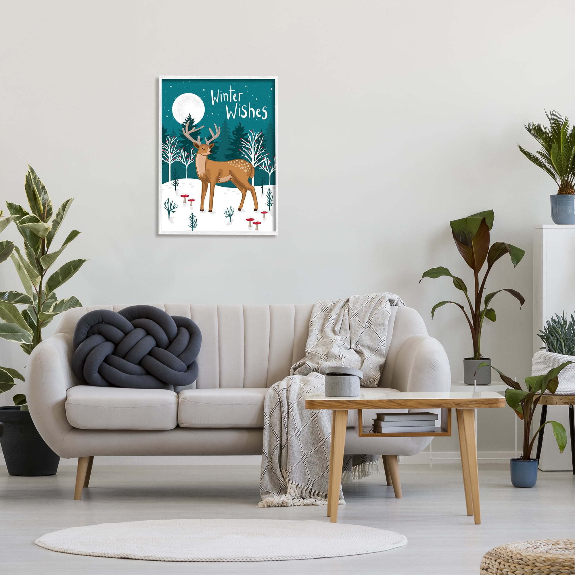 Stupell Industries Winter Wishes Saying Midnight Reindeer Forest Landscape Animals & Insects Painting White Framed Art Print Wall Art, 24 x 30