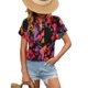 thumbnail image 1 of Camisa de manga corta para mujer, cuello en V, dobladillo enrollado, puños, blusa, decoración estampada, Top de verano para niñas, estampado rojo M, 1 of 8