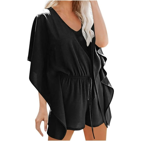 Yigetop Romper Dresses for Women! Womens V Neck Beach Romper Ruffle Layered Waisted Shorts Jumpsuit Summer Trendy Jumpsuits Jumpsuits for Women Dressy Black L
