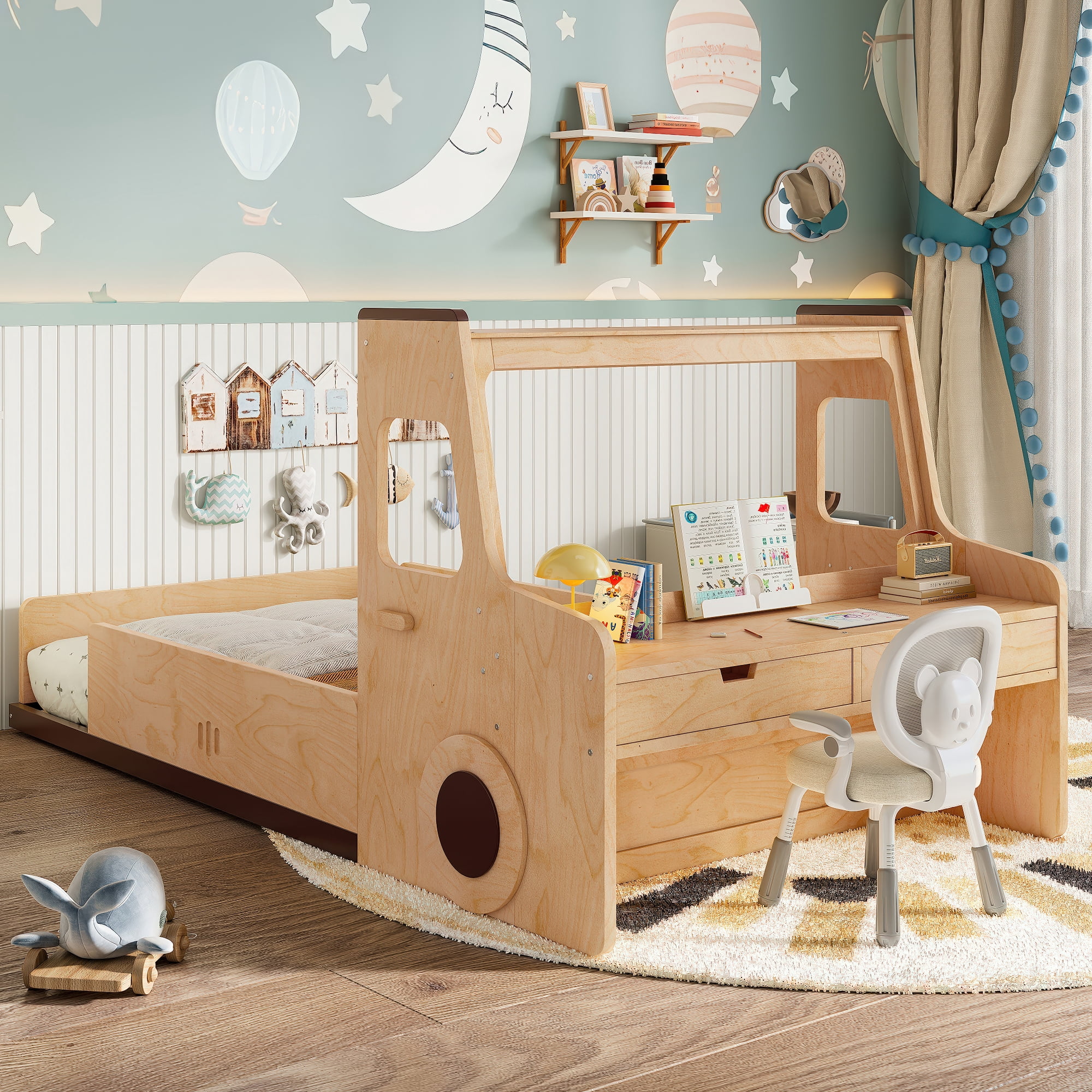 Kids Floor Bed, Twin Size Car-Shaped Floor Bed with Built-in Storage Drawers and Study Desk, Multi-Functional Design for Children's Room, Natural Wood Finish