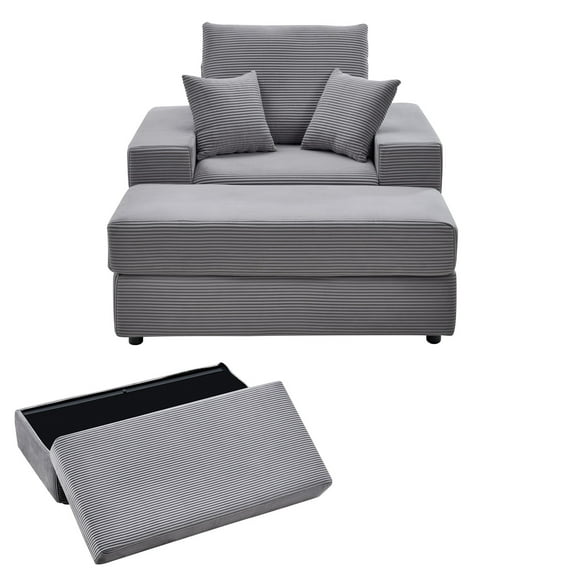 KFFKFF Modular Chaise Lounge Chair, 44-Inch Oversized Corduroy Recliner with Throw Pillows and Armrests, Comfortable Deep Seat Sofa for Living Room or Bedroom, Grey