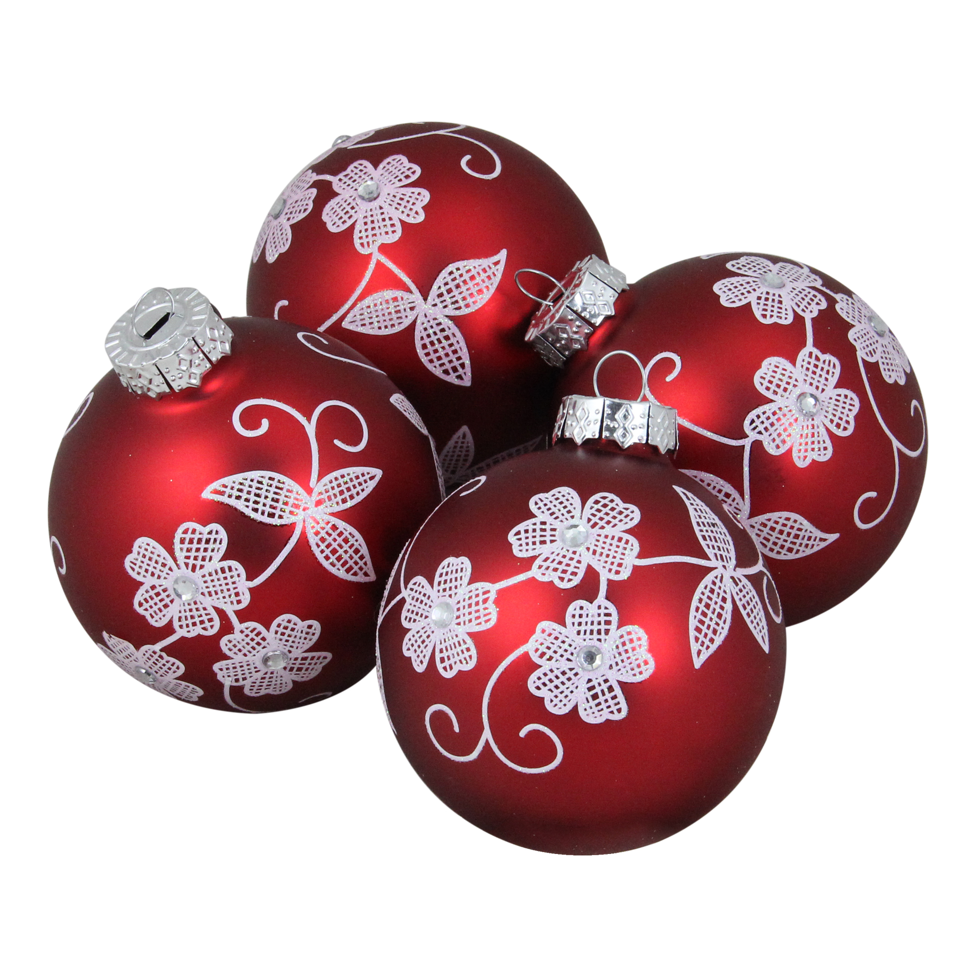 4ct Red and White Floral Christmas Ball Ornaments 3.25" (100mm