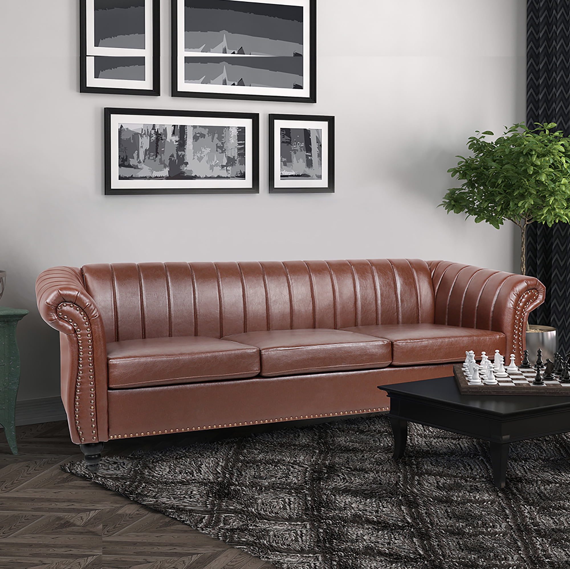 Churanty Chesterfield Leather, PU Sofa with Channel Tufted Back, Classic 3 Seater Leather Couch Roll Arm, Nailhead Trim Sofa Solid Legs and Removable Cushion,Dark Brown - Walmart.com