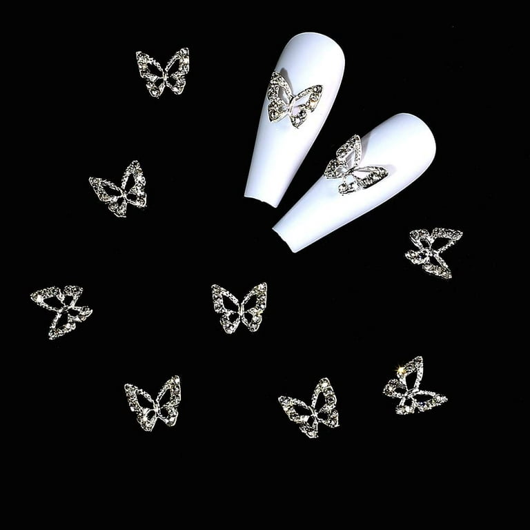TRIANU 3D Alloy Butterfly Nail Charms,10 PCS Metal Butterfly Nail Gems Nail  Rhinestones Shiny Crystal Nail Art Charms,Nail Decoration Rhinestones for  Nails DIY, Silver 