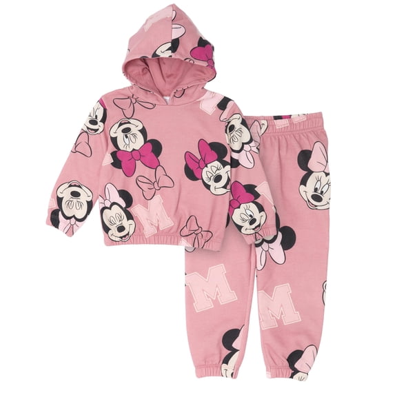 Disney Minnie Mouse Toddler Girls’ Outfit Set - Two Piece Allover Print Hoodie with Ears & Bow and Matching Jogger Pants (Berry, 2T)
