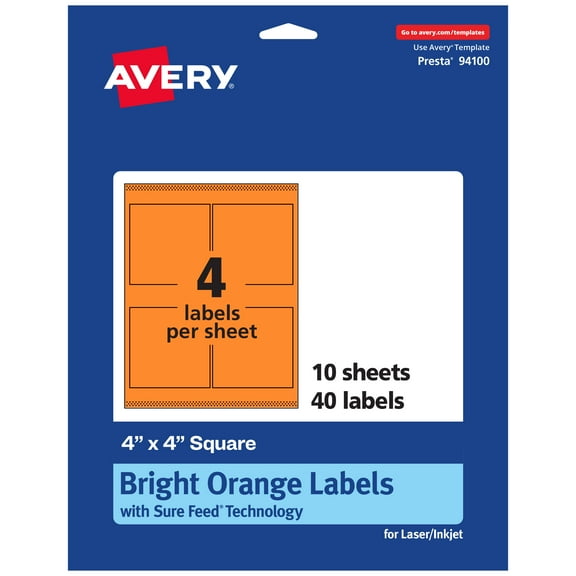 Avery Printable Square Labels, Bright Orange, 4" x 4", 40ct