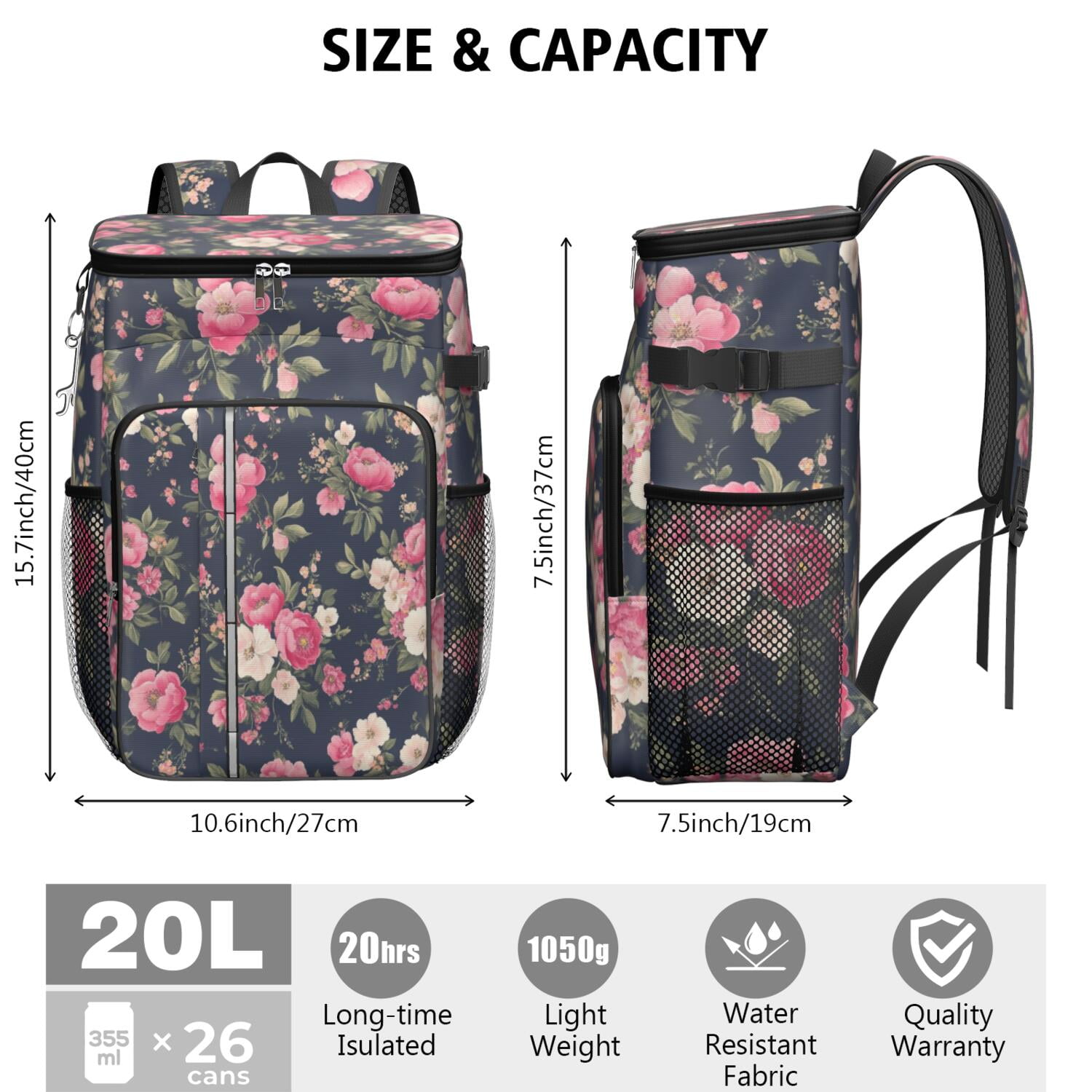 Travel Cooler Bag - Pioneer Flower Floral Print Pattern Camping Beer Cooler Backpack with Bottle Opener- Waterproof Insulated Picnic Backpacks - Cooler Bag for Beach
