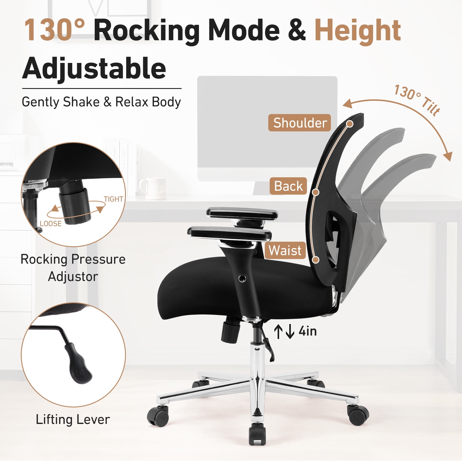 ZUNMOS Ergonomic Office Desk Chair 500lbs, Black Heavy Duty Computer Mesh Chair with Adjustable Armrest, Lumbar Support