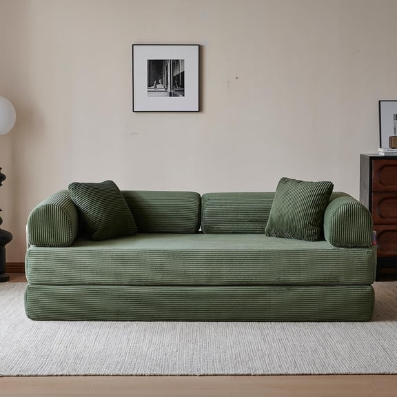 WRXELAN 78.7" Convertible Sofa Bed, Boneless Couch Folding Sleeper Sofa with 2 Pillows, Foldable Floor Lounger with Pockets, Corduroy Pull Out Couch Bed, Green