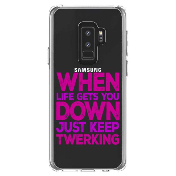 DistinctInk Clear Shockproof Hybrid Case for Samsung Galaxy S9  PLUS (6.2" Screen) - TPU Bumper Acrylic Back Tempered Glass Screen Protector - When Life Gets You Down Just Keep Twerking