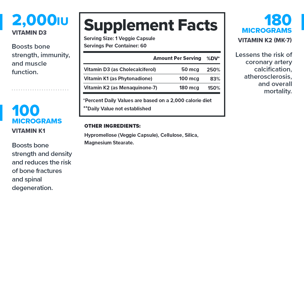 Legion Athletics Vitamin D+K Supplement, Vitamin D3, K1 & K2 MK-7, Bone, Immune & Heart Support, 60 Veggie Capsules