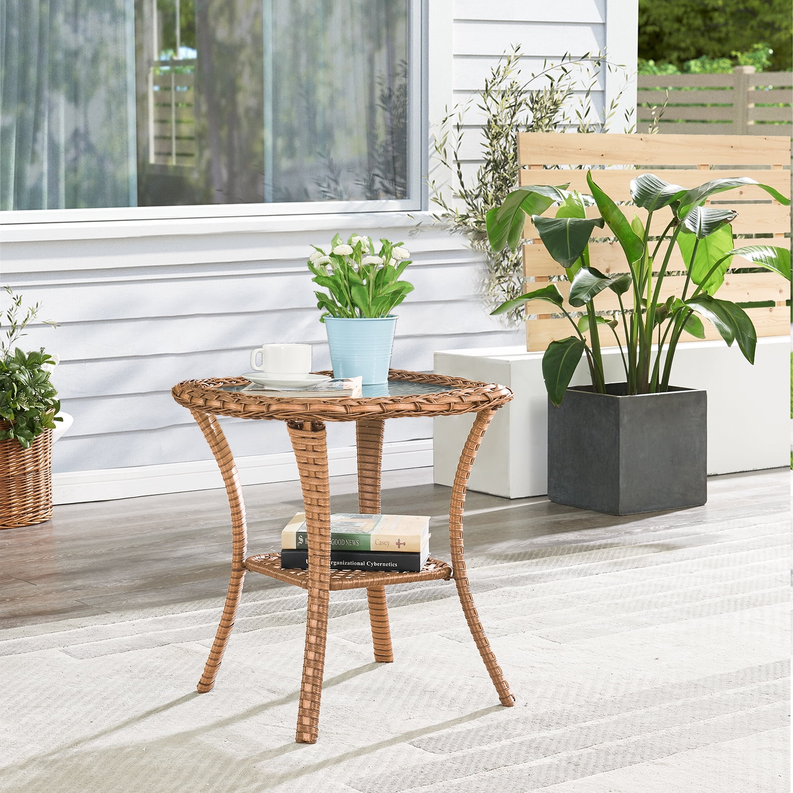 OPOHORO Outdoor Wicker Side Table,22x20x20 inch All Weather Rattan Small Patio Table Square End Table for Pool Balcony Deck Porch Lawn Backyard, Yellow