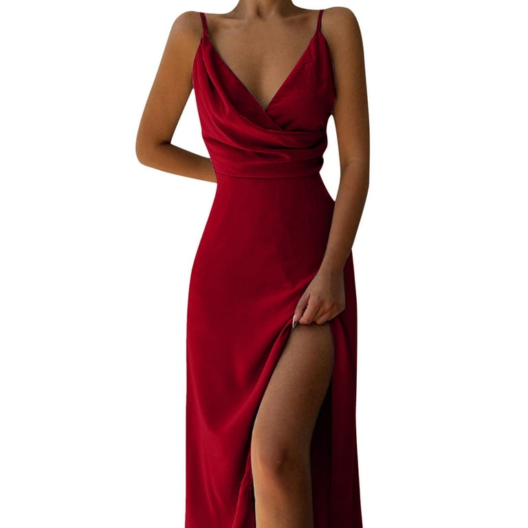 Low Back Red Silk Cami Dress Npasoilc Summer Dresses For Women Sleeveless V  Neck High Slit