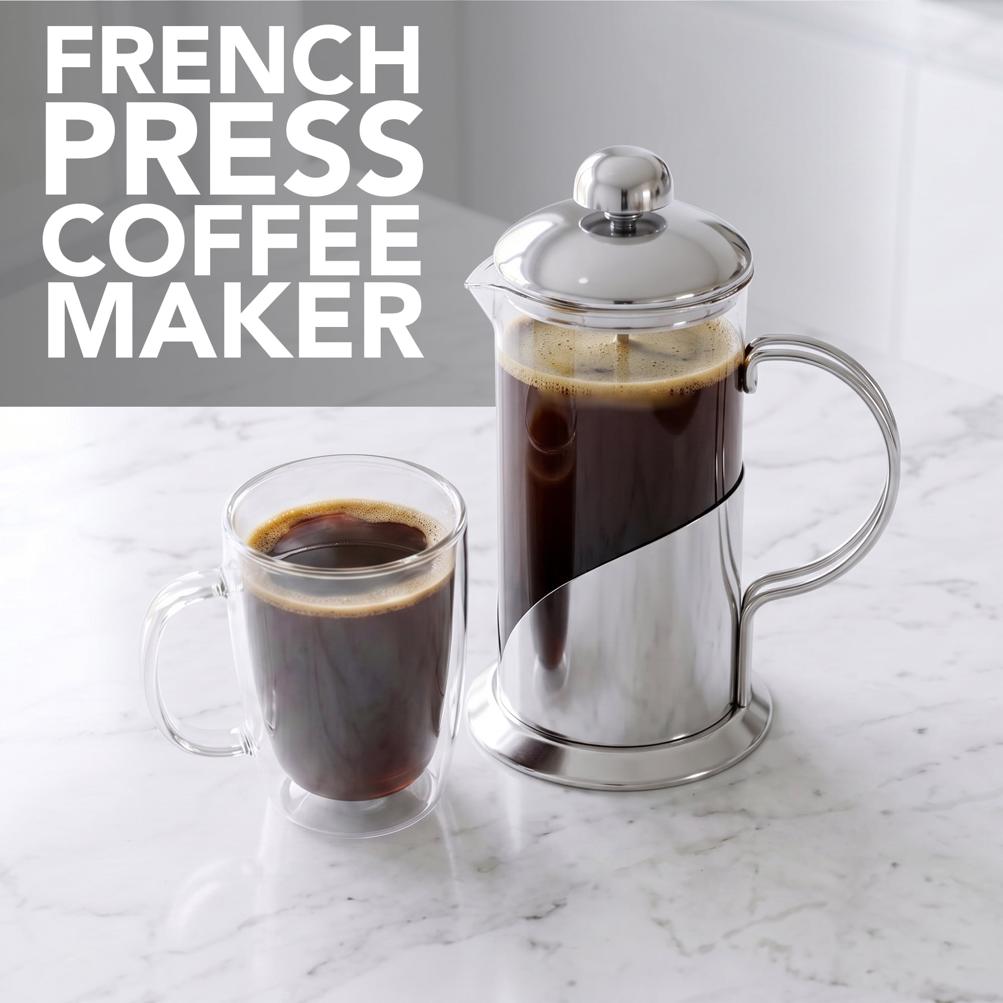 OVENTE French Press Coffee Maker 12 Ounce, 4 Level Stainless Steel Filter System & Heat Resistant Borosilicate Glass, Scoop included, Silver FSL12S