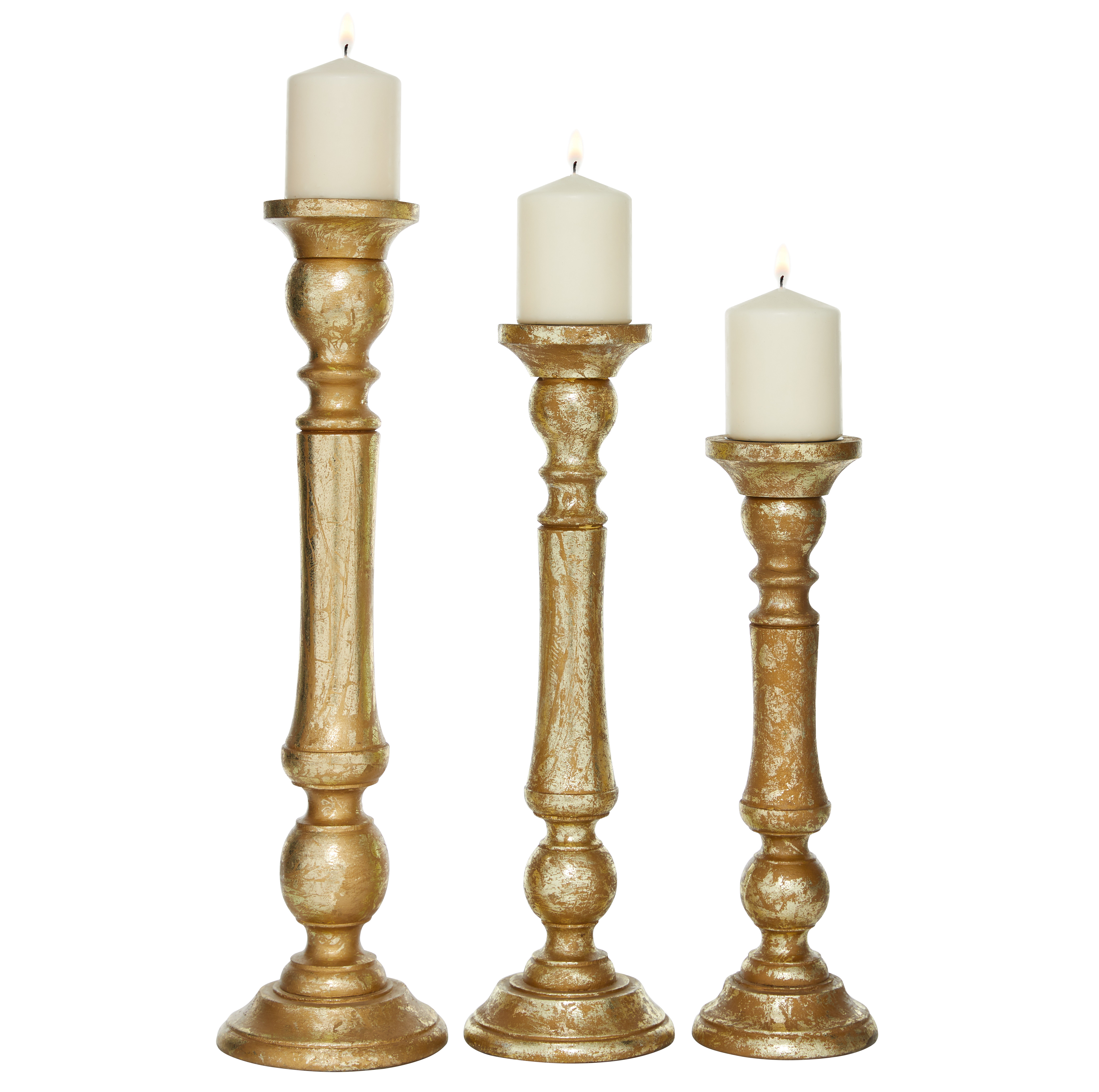 Set of 3 Pillar Table Top Candle Holders Antiqued Gold Home Accent