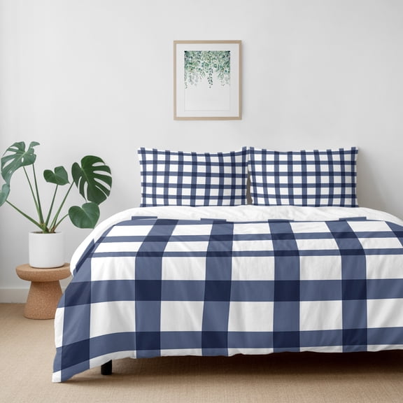 Blue Gingham Check Farm Style California King Size Bed Set,White Check Plaid Bedding for All Seasons,4 Pcs Bed Set with 1 Quiltcover (96"x104"),1 Sheet (110"x98"),2 Pillowcases (20"x36")