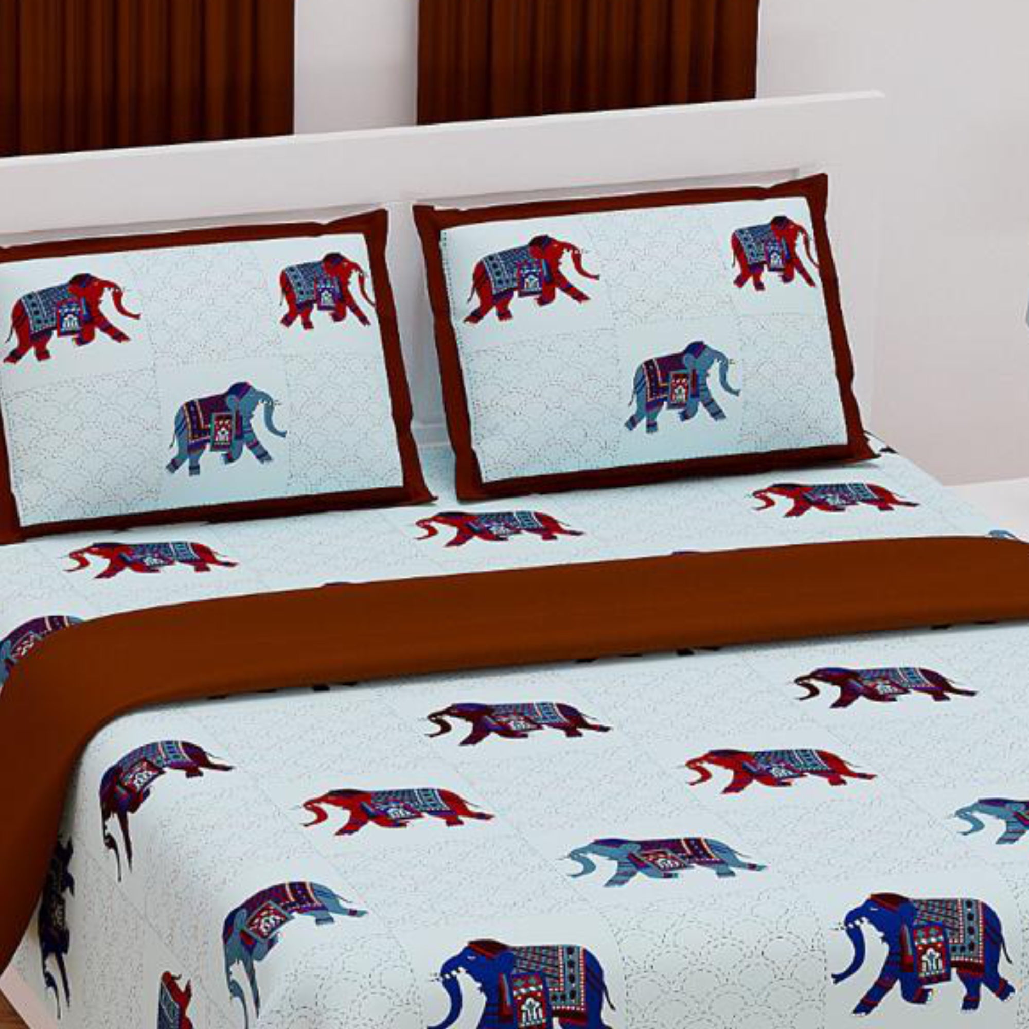 Indian Traditional Rajasthani King Size Fitted Bed Sheet Two Pillow Covers Set 
