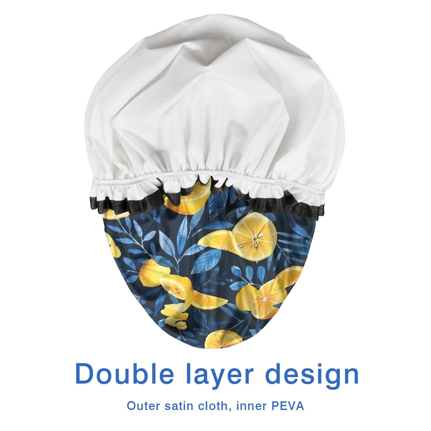 Shower Caps,Yellow Lemon Slices DarkBlue Pattern Waterproof Shower Cap for Women 4 Pieces,Double Reusable Hair Cover for Shower PEVA Elastic Stretch Hem