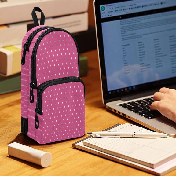 Backpack Pencil Case, 3 Compartment Large Capacity Oxford Fabric Pencil Pouch / Hot Pink White Polka Dot