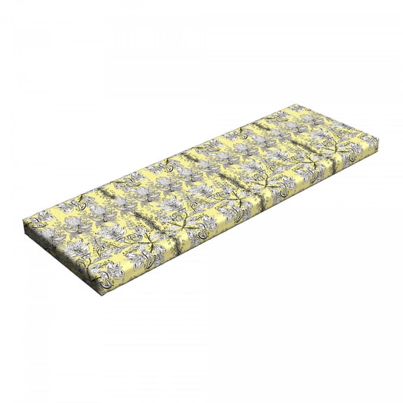 Grey and Yellow Bench Pad, Bohem Design with Flowers Leaves Swirls and Dots Image, HR Foam Cushion with Decorative Fabric Cover, 45" x 15" x 2", Black and White, by Ambesonne