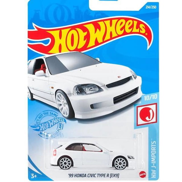 2022-125/2021-214 hot wheels cars 99 honda civic type r ek9 1/64 metal diecast model collection leksaksfordon coche Hot Wheels 1/64 escala Honda Civic Type R (EK9) en empaque blister, vista 3/4 frontal de la tarjeta y del modelo empaquetado; carrocería blanca, interior rojo visible, rines multirradio blancos y logo Hot Wheels sobre fondo azul.