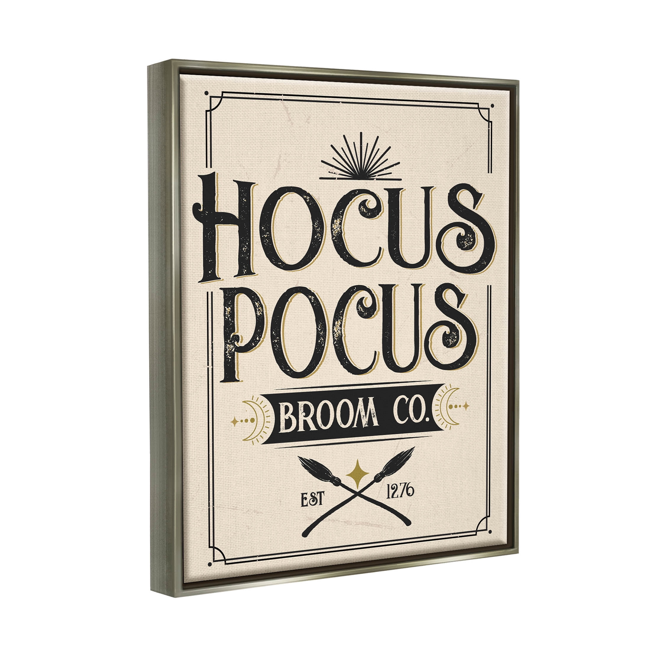 Stupell Industries Vintage Hocus Pocus Broom Sign Graphic Art Luster Gray Floating Framed Canvas Print Wall Art, Design by Angela Nickeas