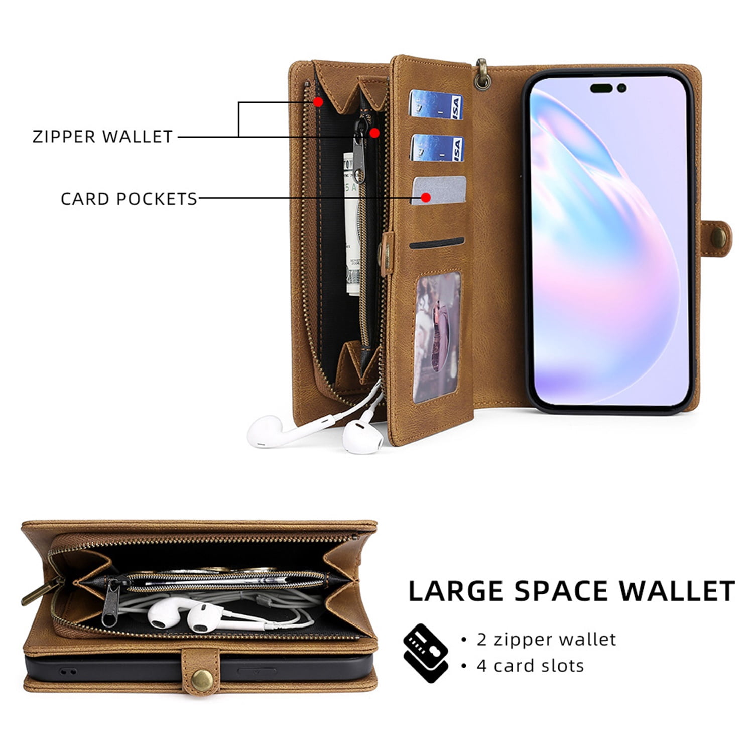 Defencase for iPhone 14 Pro Max Case for Women Men, Removable Durable PU Leather Magnetic Flip Strap Wristlet Zipper Purse Card Holder Detachable Wallet Phone Cases for iPhone 14 Pro Max, Brown