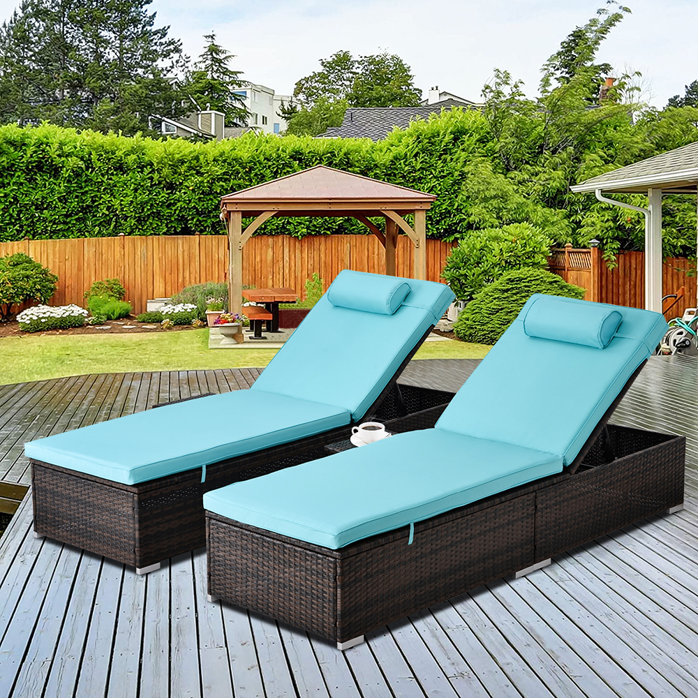 uhomepro 2-Piece Pool Chairs, Patio Chaise Loungers, Chaise Lounge Chair Outdoor Set Pool Furniture, Couch Cushioned Recliner Chair with Adjustable Back, Side Table, Head Pillow, Blue, Q18153 - image 4 of 13