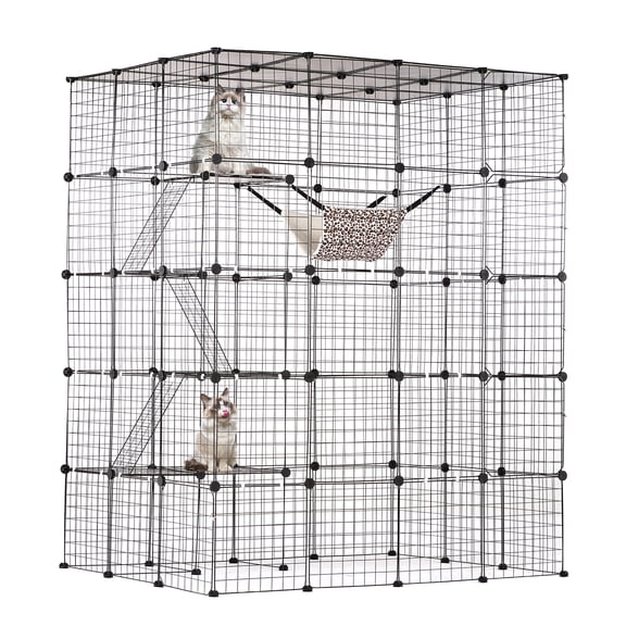 KFFKFF 4-Tier Cat Enclosure 54 x 41 x 69" , Large Cat Cage with Hammock, 5 Doors, Ladders, Metal Wire Cat Habitat Cat Kennel, Black