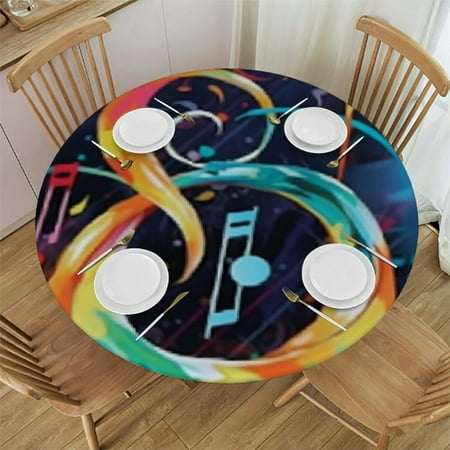 

Round Fitted Table Cloth Abstract Music Note Elastic Tablecloth for Round Tables Piano Keyboard