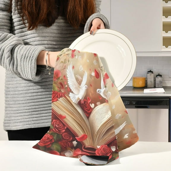 BZSMCE Kitchen Towels Creative Red Roses White Doves Printing Pattern Durable Kitchen Towel