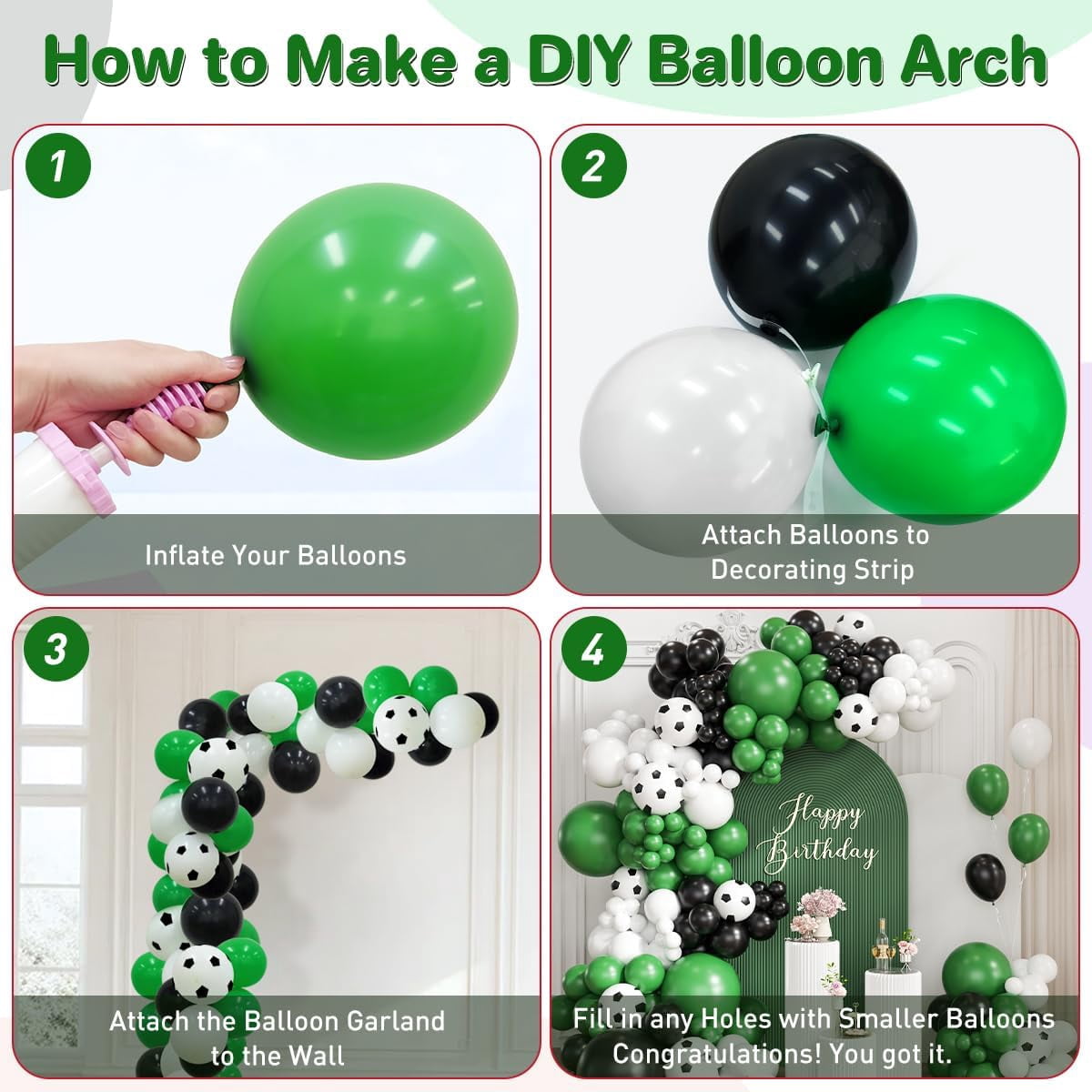 Burculy 167Pcs Soccer Balloon Arch Kit - Black Green White Latex Balloons in 18/12/10/5" with Soccer Prints for Football Theme Birthday, Baby Shower, Graduation, Wedding Party Decorations