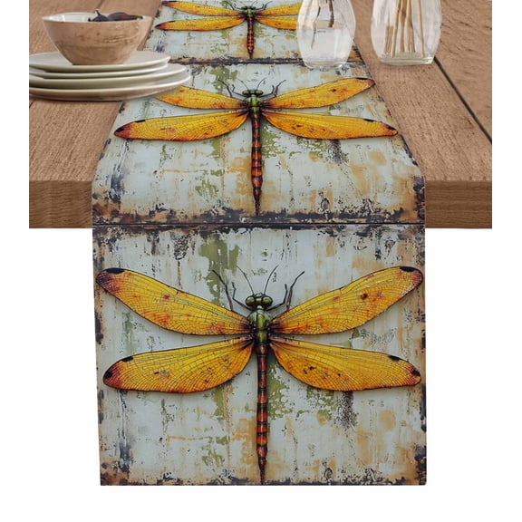 Vintage Dragonfly Table Runner 72 Inches, Spring Summer Abstract Oil Painting Bed Runner Dresser Scarves Tabletop for Indoor Outdoor Parties/Ceremony/Banquet, 13" x 72"
