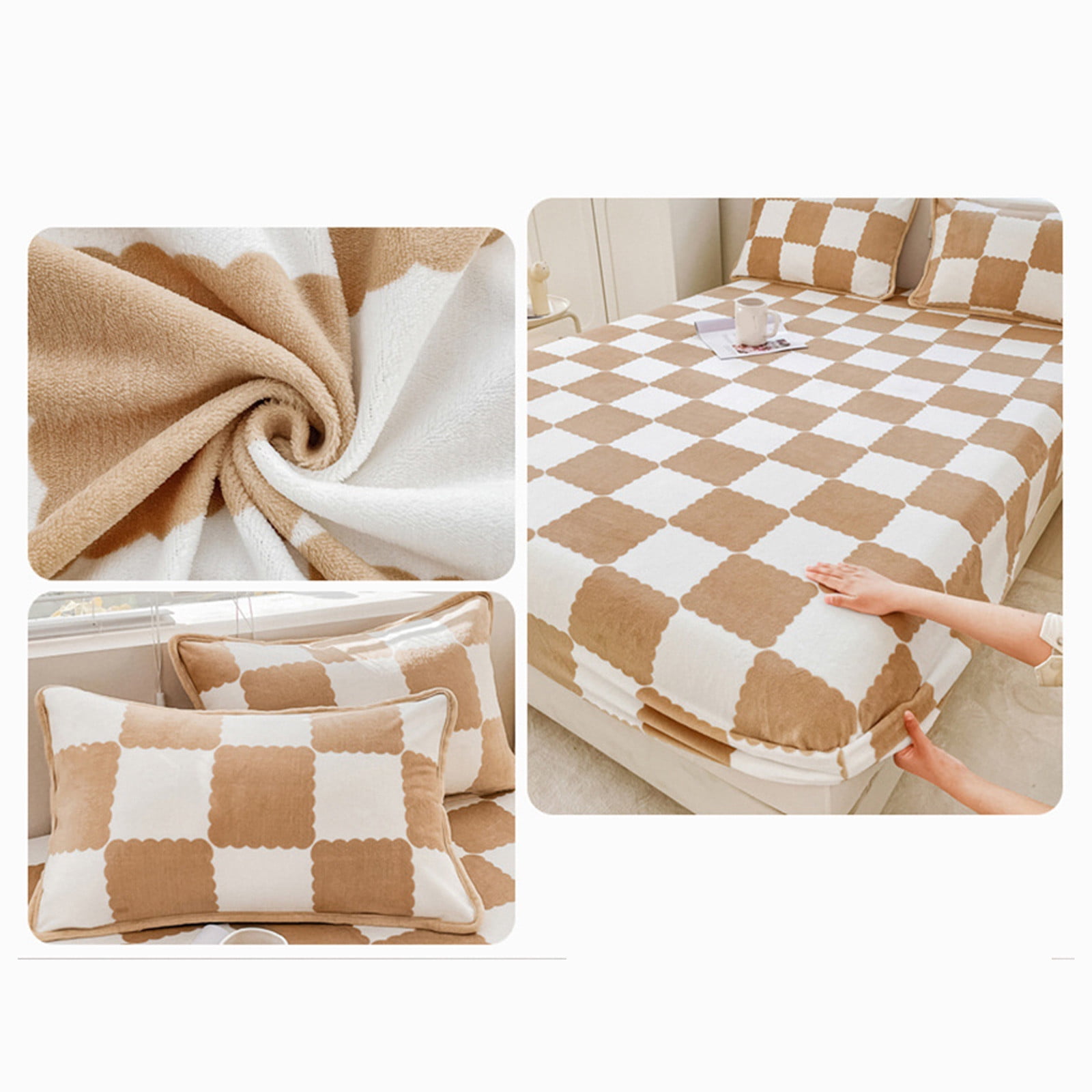 Quilted Fitted Sheet Winter Warm, Checkerboard Pattern Mattress Protector – Breathable Non-Slip Pocket Design, Soft Polyester Bed Cover for Care Bed, Home or Guest Room