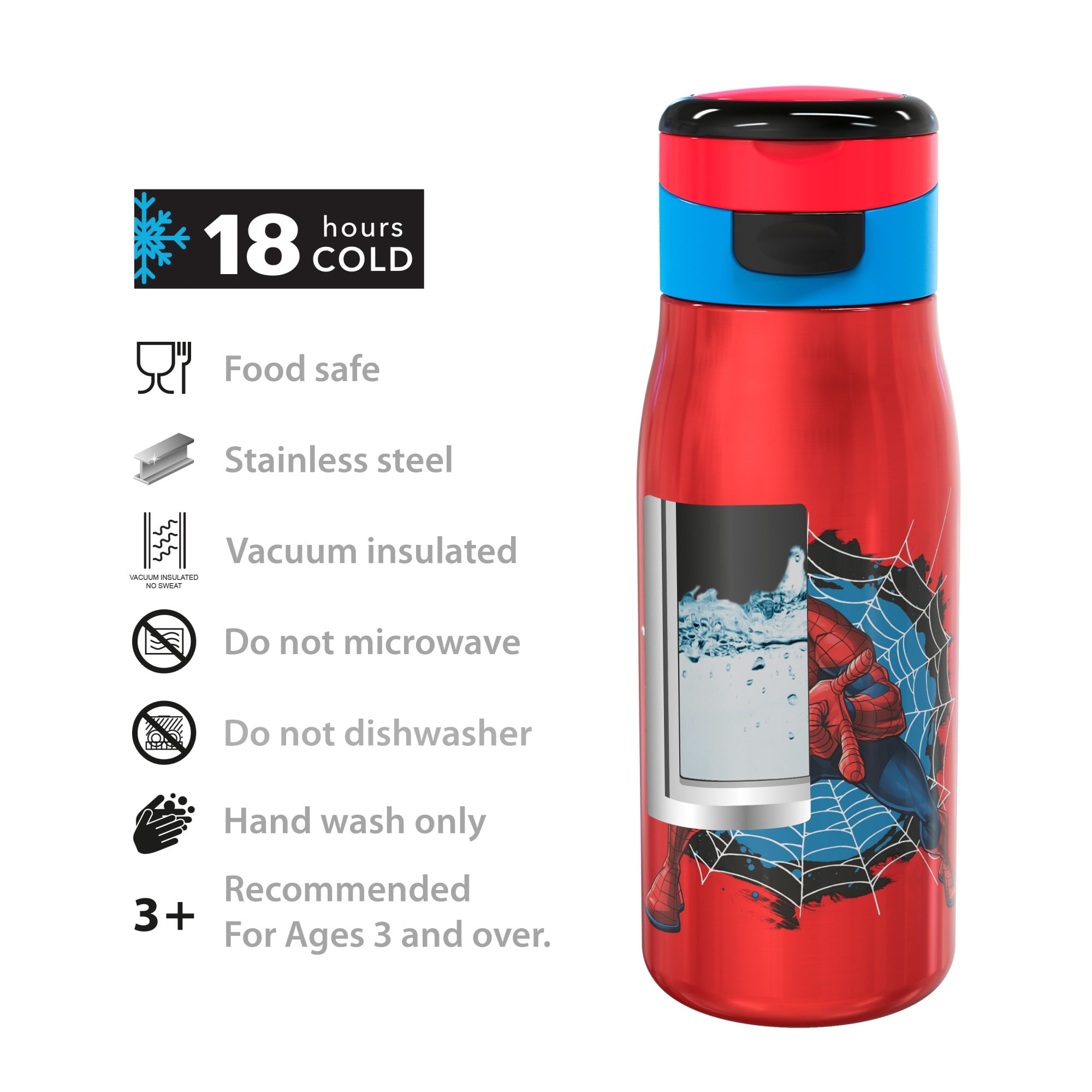 Zak Designs Marvel Comics 13.5 ounce Vacuum Insulated Stainless Steel Water Bottle, Spider-Man