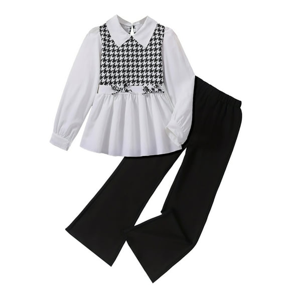 WEIYLL Toddler Girls Outfit Sets Long Sleeve Tops Bootcut Trousers Patchwork Herringbone Pattern Fabric Black Back To School Fall Outfits size 5-6 Years