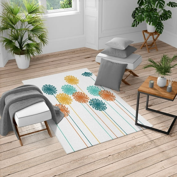 Dandelion Turkish Area Rug, Abstract Wildflower Silhouettes Botanical Inspirations Meadow in Summer Season, Carpet for Living Room Decor with Distressed Look, 5.2' X 7.6', White Apricot, by Ambesonne