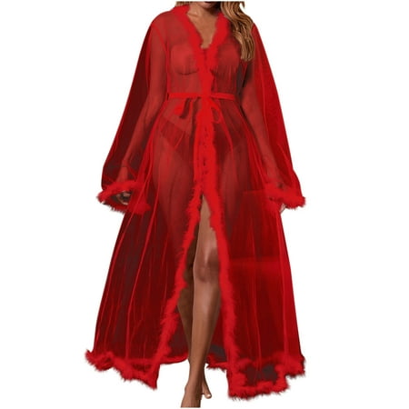 TMOYZQ Women s Plus Size Sheer Mesh Kimono Robe Furry Trim Babydoll Lingerie Chemise See Through Belted Bathrobe Nightgown Bridal Bridesmaid Wedding Party Gown Beach Bikini Cover Up