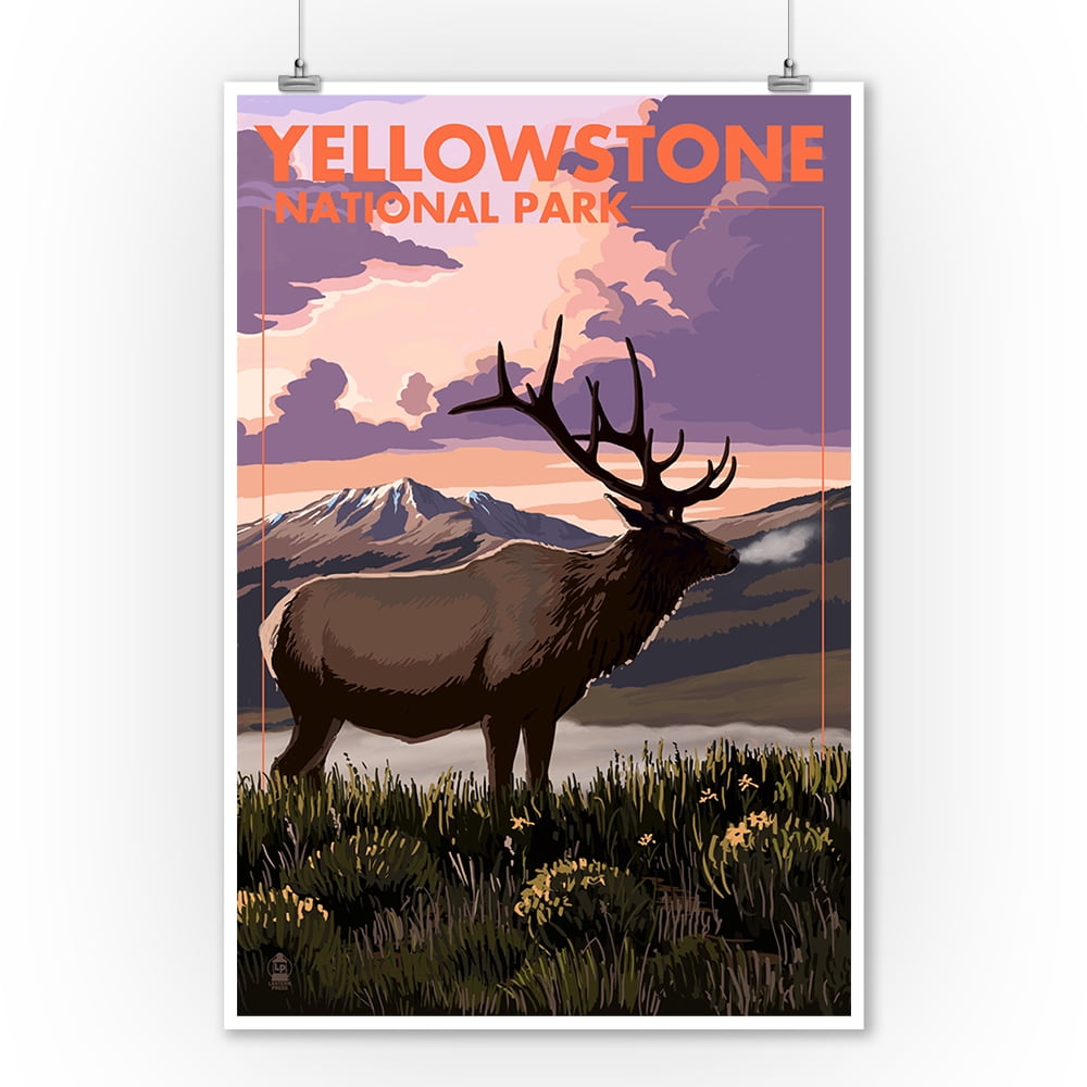 Yellowstone National Park, Wyoming Elk & Sunset Lantern Press