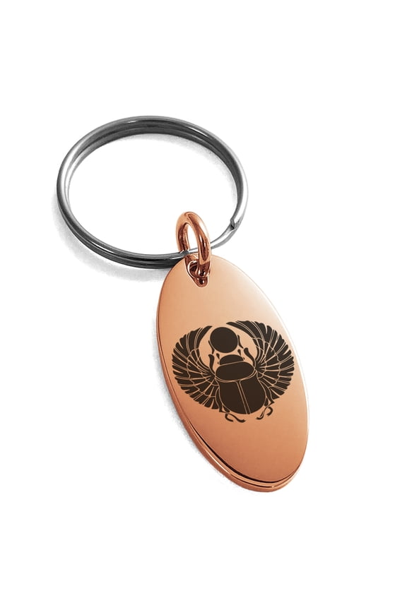 Stainless Steel Scarab Beetle Rising Sun Engraved Small Oval Charm Keychain Keyring