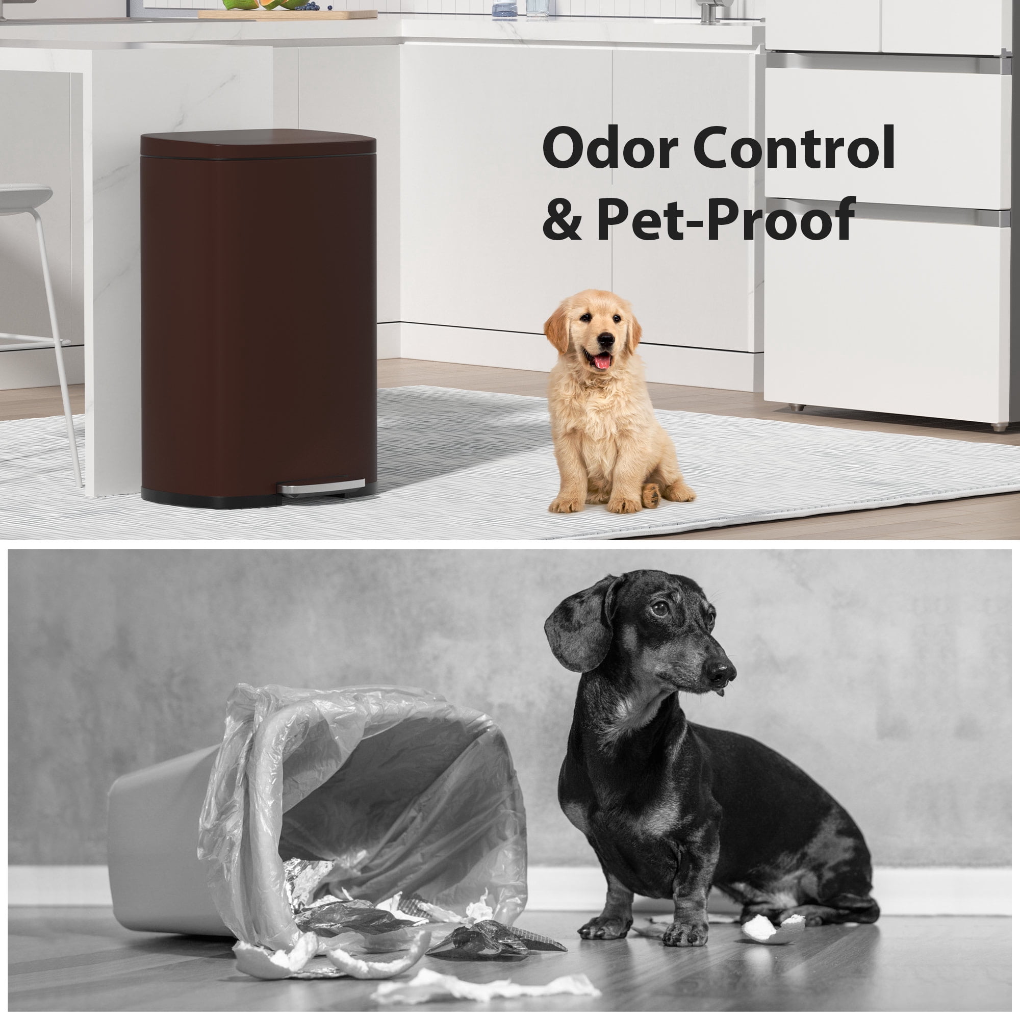 CL.HPAHKL Step-On Kitchen Trash Can, Brushed Stainless Steel Garbage Can with Soft Close Lid, Large Capacity Garbage Bin with Odor Seal for Home, Office, Bathroom, Bedroom, Brown
